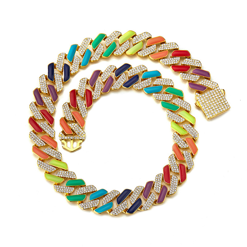19mm Big Heavy Colorful Enamel Cuban Link Necklace Gold Plated Gemstone Hip Hop Street Party Trend Miami Curb Chains Jewelry For Lovers Couple Bijoux 