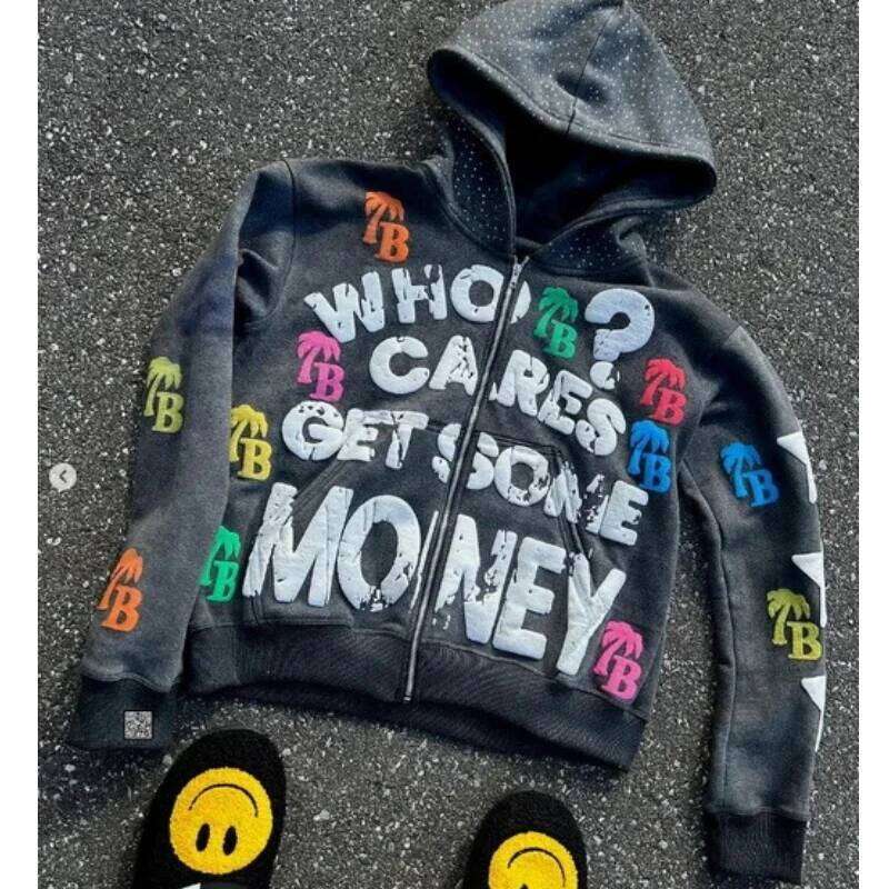 Y2K trendy letter pattern loose casual comfortable hooded zipper retro hoodie jacket top unisex 26Y0313