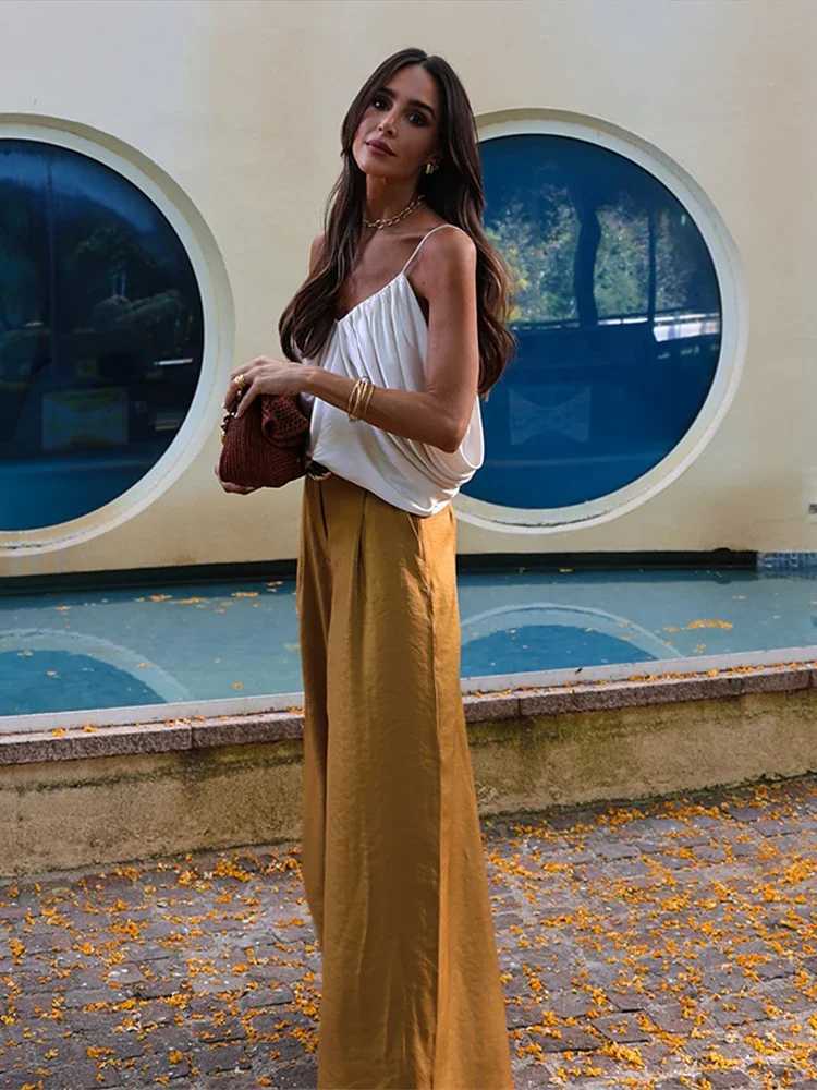 Elegant Women Vest Pants Set Solid Sling V-neck Backless Tops Belt Zipper Wide Leg Long Trouser Lady Suit Summer Chic Streetwear M260313