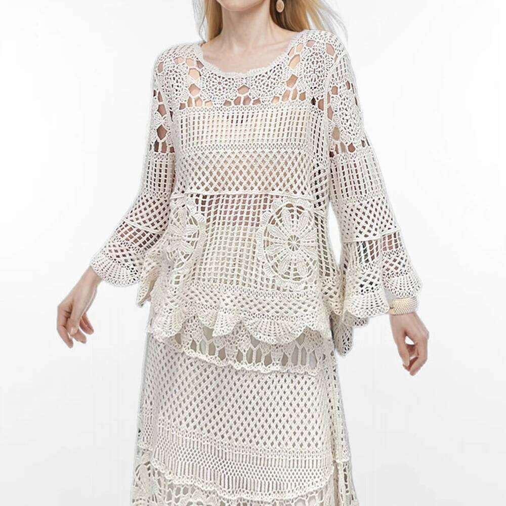 Casual Knitted Piece Set Women Hollowed Out Jacquard Spring Summer O Neck Flare Sleeved Pullover Elastic Skirt Beach Clothing MAKOUFEI