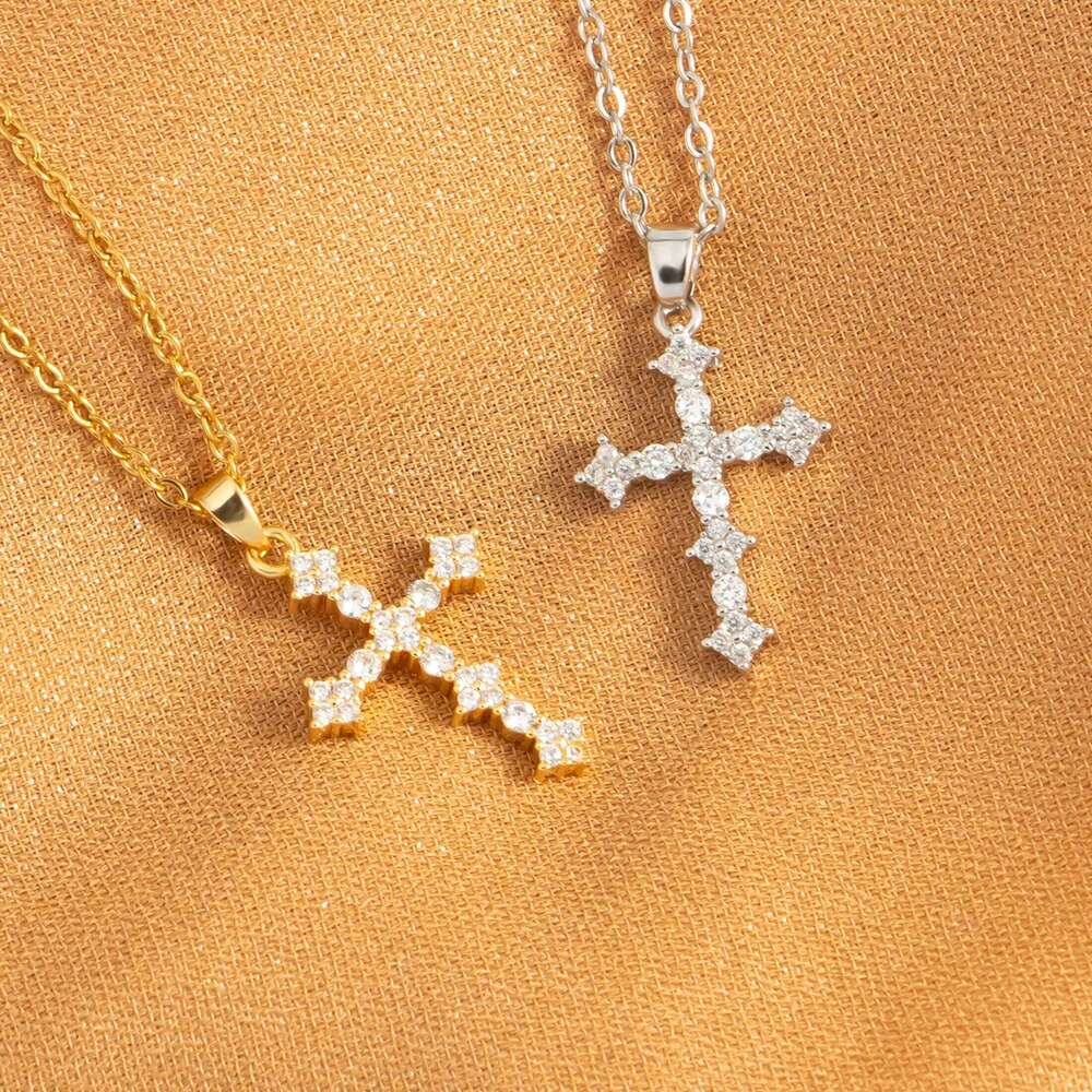Cubic Zirconia Lucky Cross Pendant for Women's Stainless Steel Plated 18k Gold Fashion Simple Jewelry Gift Necklace H260312