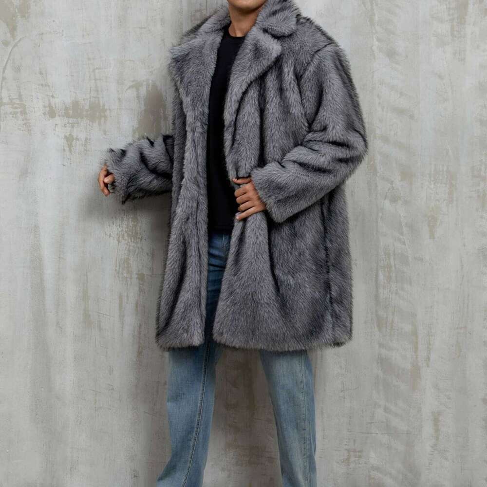 Men's Autumn Winter Faux Fur Coat Long Sleeve Turn Down Collar Open Front Jacket Z260313