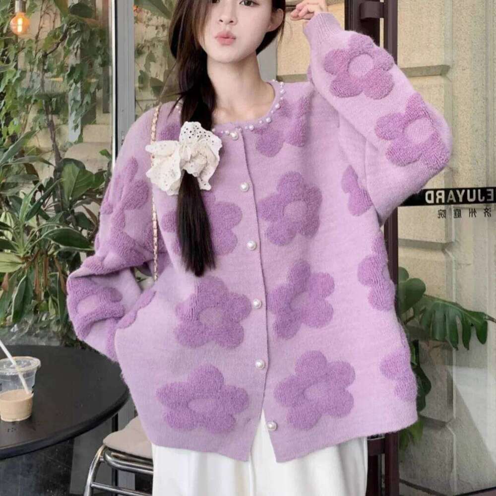 Heavy Industry Nail Bead Flower Cardigan Women's Autumn and Winter New Item Korean Style Loose Knit Sweater Top Z260313