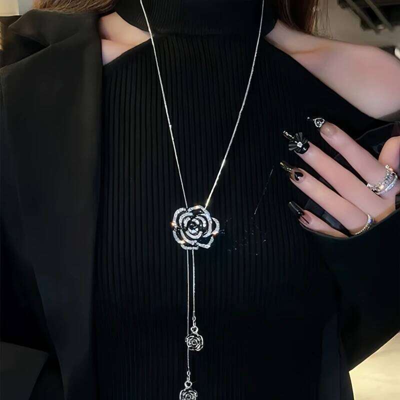Fashion Black Rose Flower Long Necklace Sweater Chain Metal Crystal Pendant Necklaces Adjusted H260312