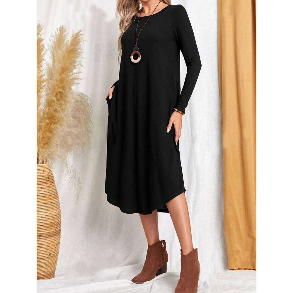 New autumn winter European and American women's solid color casual long-sleeved with curved hem loose dress Z260313