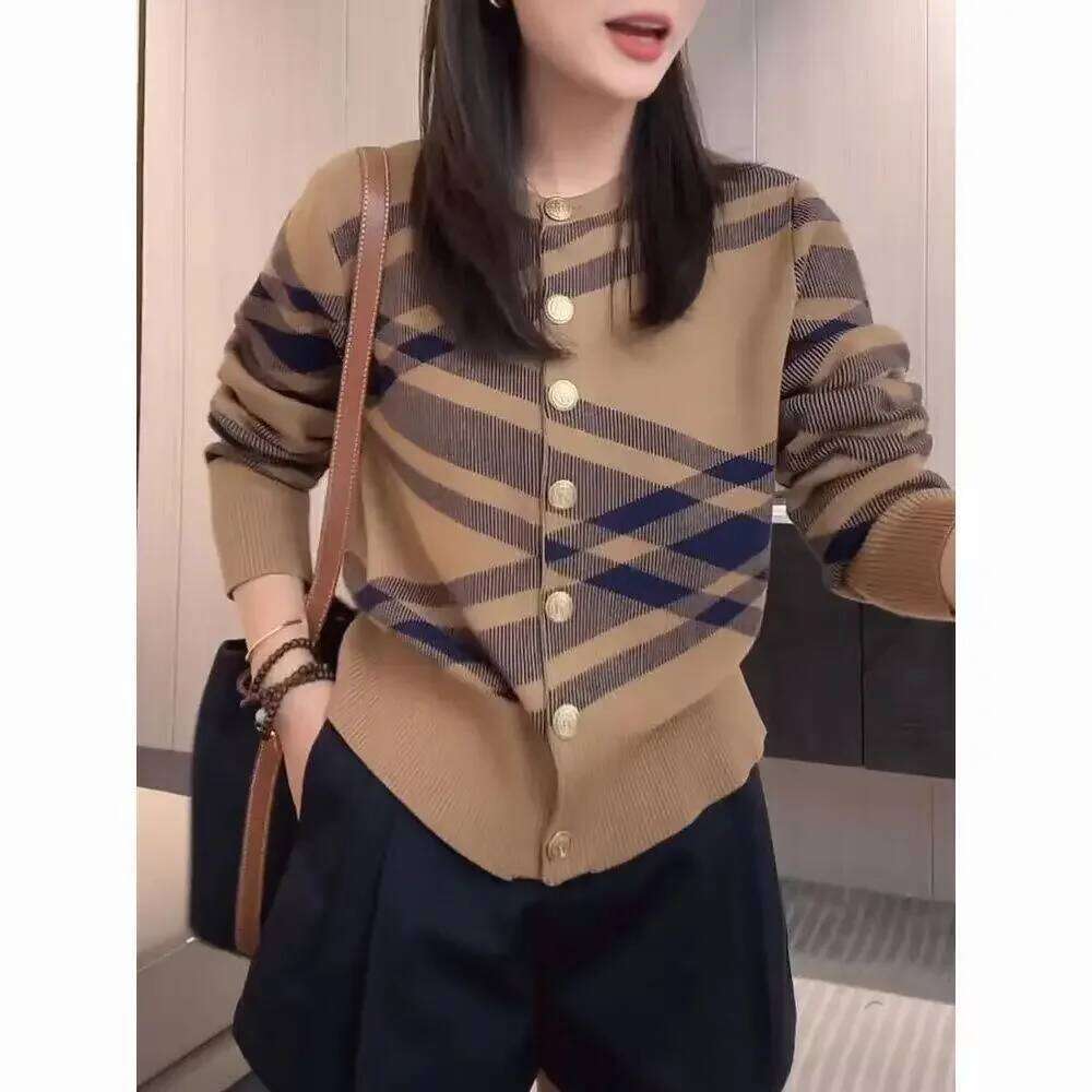 Ladies Vintage Knitting Cardigan Coat 2024 Autumn New Korean O-neck Top Tee Women Clothing Fashion Geometric Buttons Sweater Z260313
