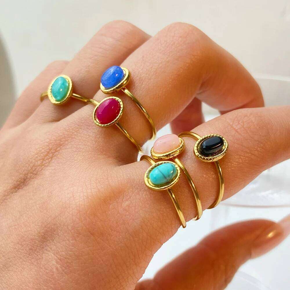 Stainless steel 18k Gold plated Minimalist Natural stone Obsidian Adjustable Stackable ring for Women H260312