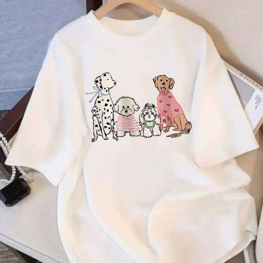 Women's Cartoon Print Dalmatian Poodle Heart Stripes Loose and Comfortable Dog T-shirt Pet Lover Clothing Y2Ktop Z260314