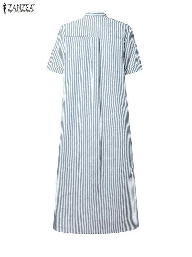 ZANZEA Womens Casual Striped Midi Dresses Stand Collar Short Sleeve Buttons Shirtdress Spring Summer Holiday Woman Clothes 3XLT260314