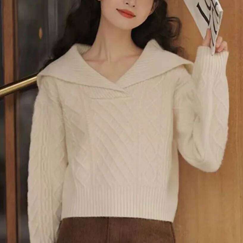 Women Casual Knit Pullover Korean Fashion Solid Long Sleeve Wide Collar Fall Winter Collection Elegant Chic Plaid Sweater Z260313