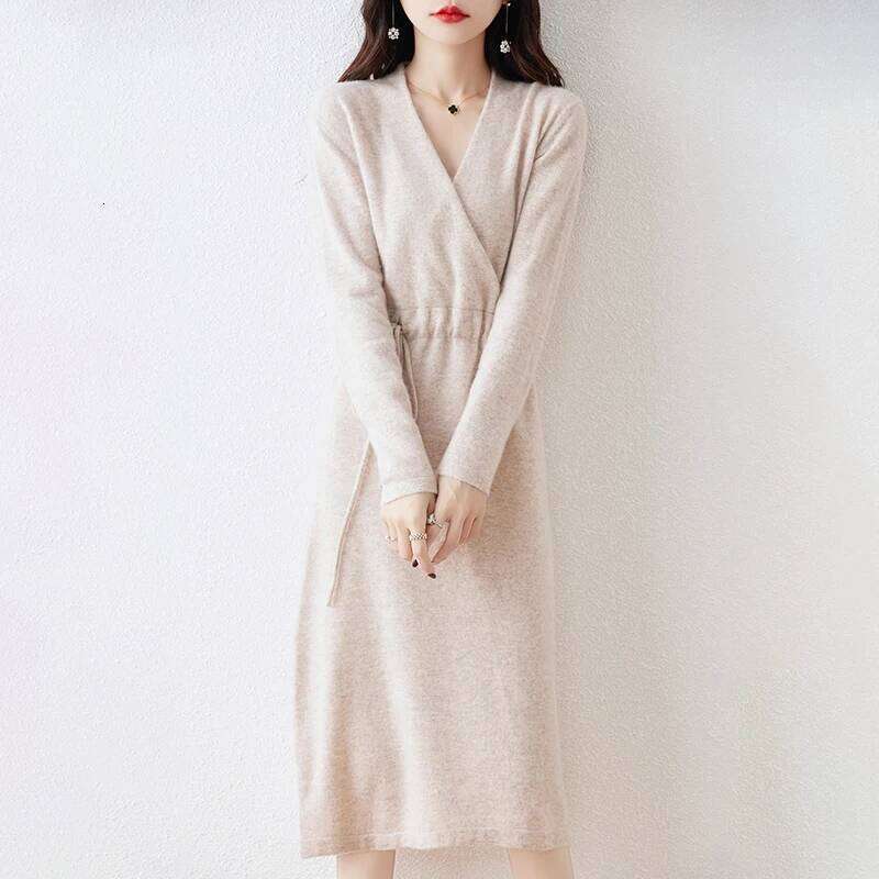 New Women's 100% Merino Wool Autumn Winter Cross V-neck Knit Pullover Long Sweater Cashmere Waist Drawstring Dress Z260314