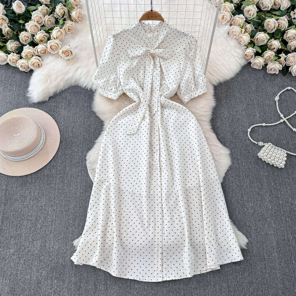 French classic polka dot short sleeved women's 2026 summer new multifunctional mid length A-line skirt suitable for commuting