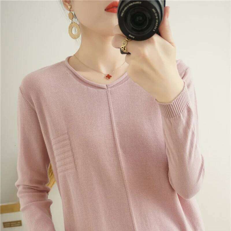 2023 Autumn/Winter Women's New Pullover Casual Solid 100% Cotton Knitted V-Neck Loose Sweater Fashion Soft Breathable Top