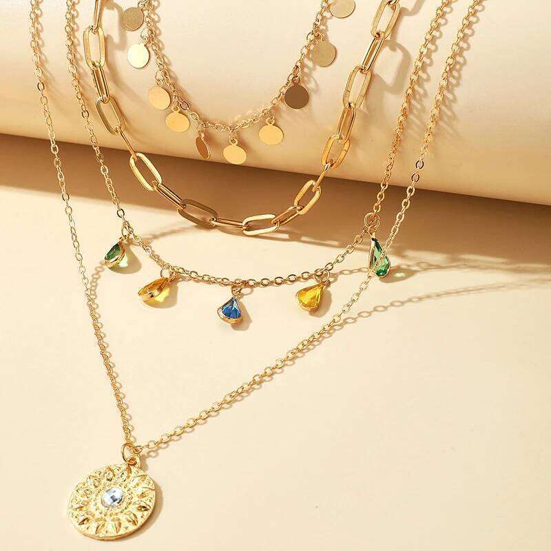 New Fashion Geometric Sequins Tassel Choker for Women Boho Star Moon Pendant Multi Layered Chain Necklace Party Jewelry H260312