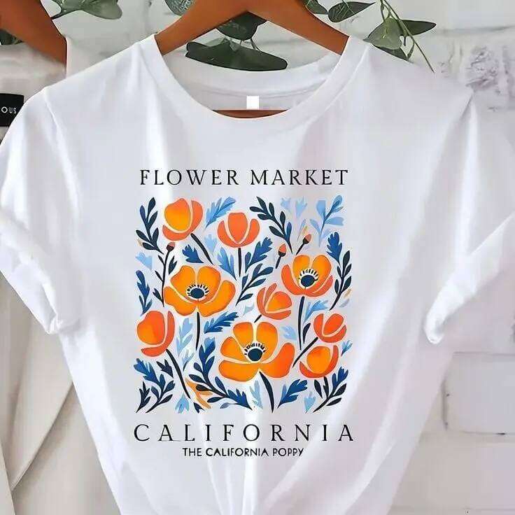Women's Cotton Graphic Tee Short Sleeve O-Neck Casual T-Shirt Yellow Flowers Market California Print Crewneck Sports Female Top Z260314