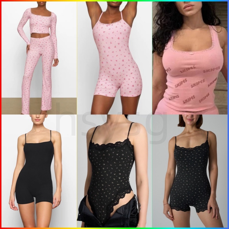 Women Sleeveless Camisole Bodysuit Set Solid Polka Dot Spaghetti Strap Tank Tops Stretchy Slim Fit Casual Daily Wear Basic Undershirt Skims Set
