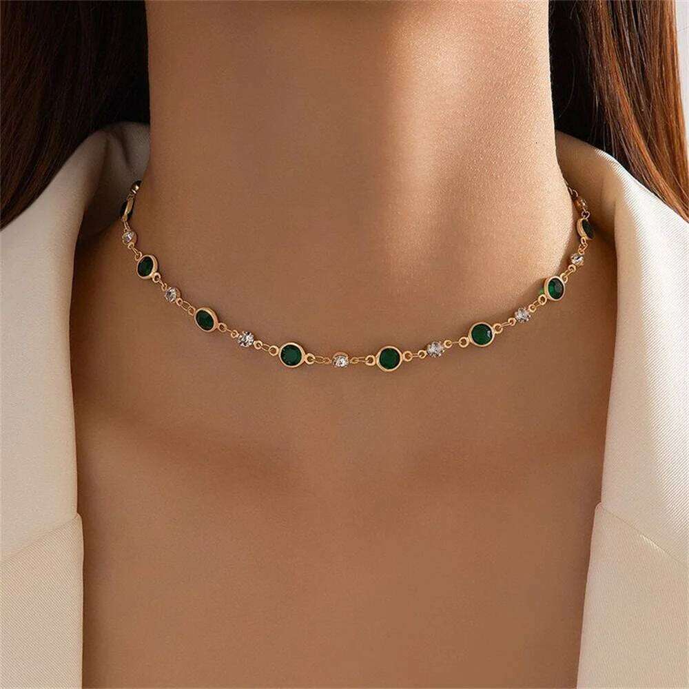 Fashion Boho Gold-plate Crystal Chain Green Water Drop Pendant Female Necklace For Women Vintage Baroque Choker Jewelry Gift H260312