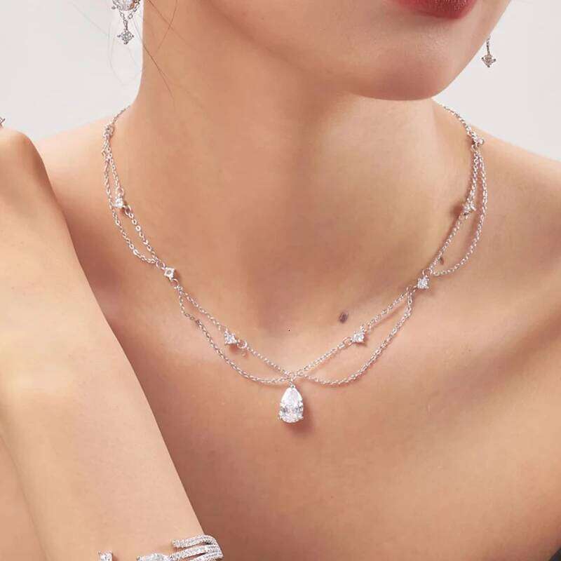 Sterling Silver Double-Deck Water Droplet Shape Women Choker AAA Zircon Chain Necklace Fine Jewelry Wedding Party Gift H260312