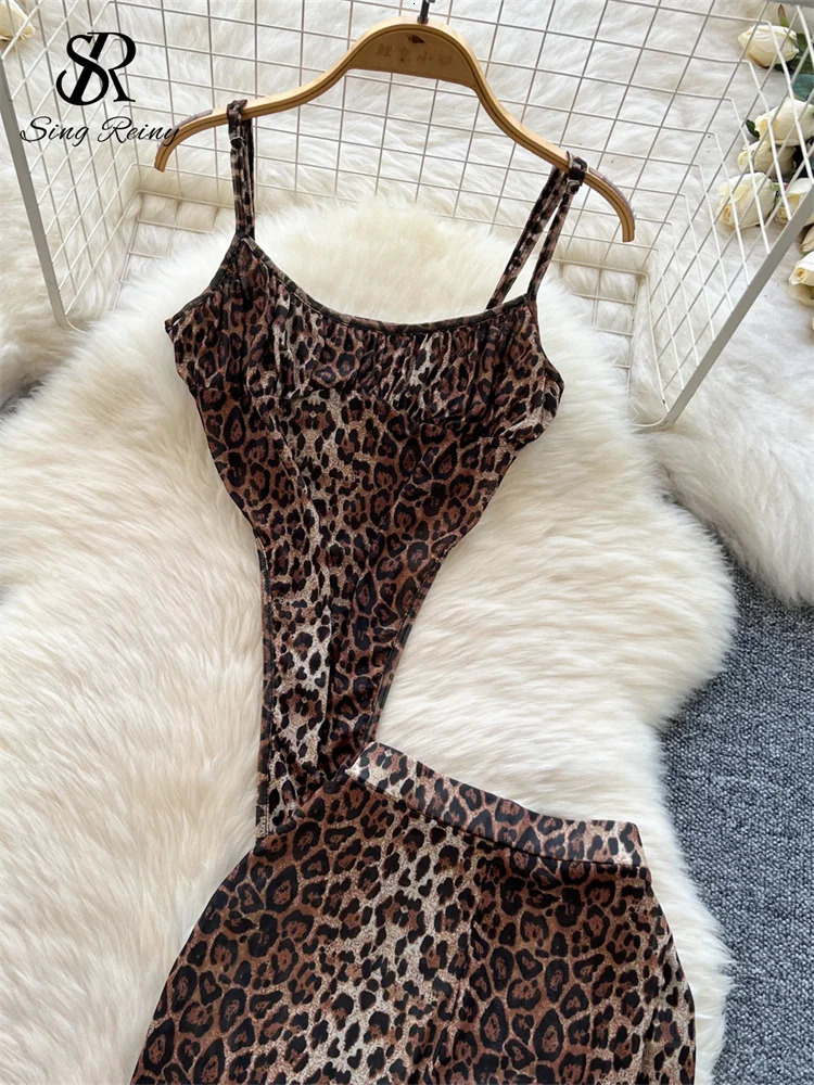 SINGREINY 2026 est Leopard 2pcs Suits Women Sexy Strap TopsElastic Waist Flared Pants American Ins Fashion sweet Sets 260309