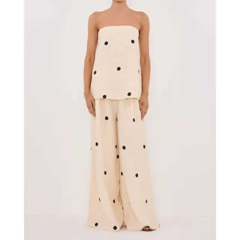 Women Fashion Backless Polka Dot Tops Pants Sets Loose Strapless Back Split Vest Pocket Wide Leg Pant 2025 Lady Vacation Outfits M260313