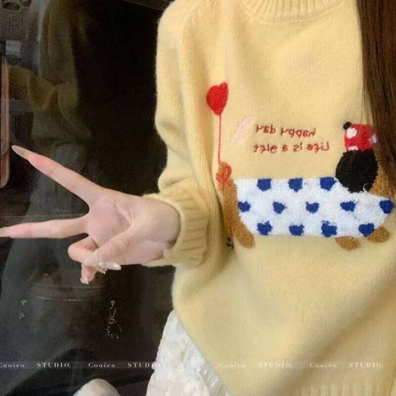 Korean Blue Puppy Towel Embroidered Raccoon Velvet Sweater for Women in Autumn and Winter Loose Outerwear Knitted Top Z260313