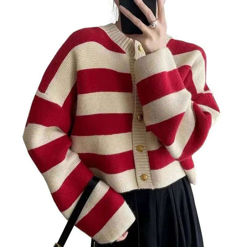 Cardigan Autumn/Winter Button Loose Sweater Jacket Women's High end Small Fragrant Striped Knitted Sweat Z260314