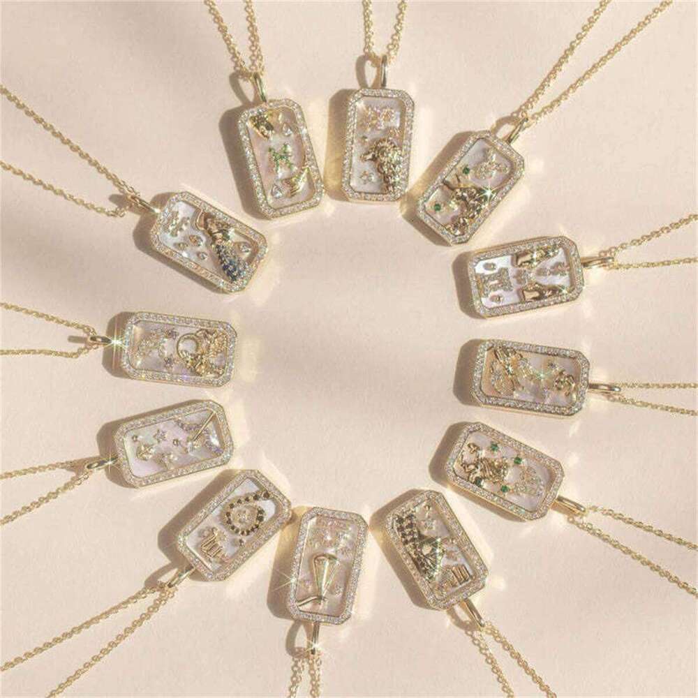 Twelve Constellation Pendant Necklace with Zircon, Gold Plated Clavicle Chain, Retro Jewelry Gift for Women H260312