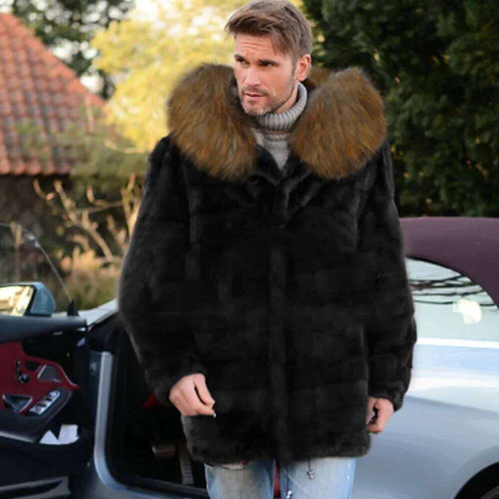 Mens Imitation Fox Coat Artificial Men's Warm Autumn Winter Cold Resistance Mid-Long Black Casual Faux Fur Z260313