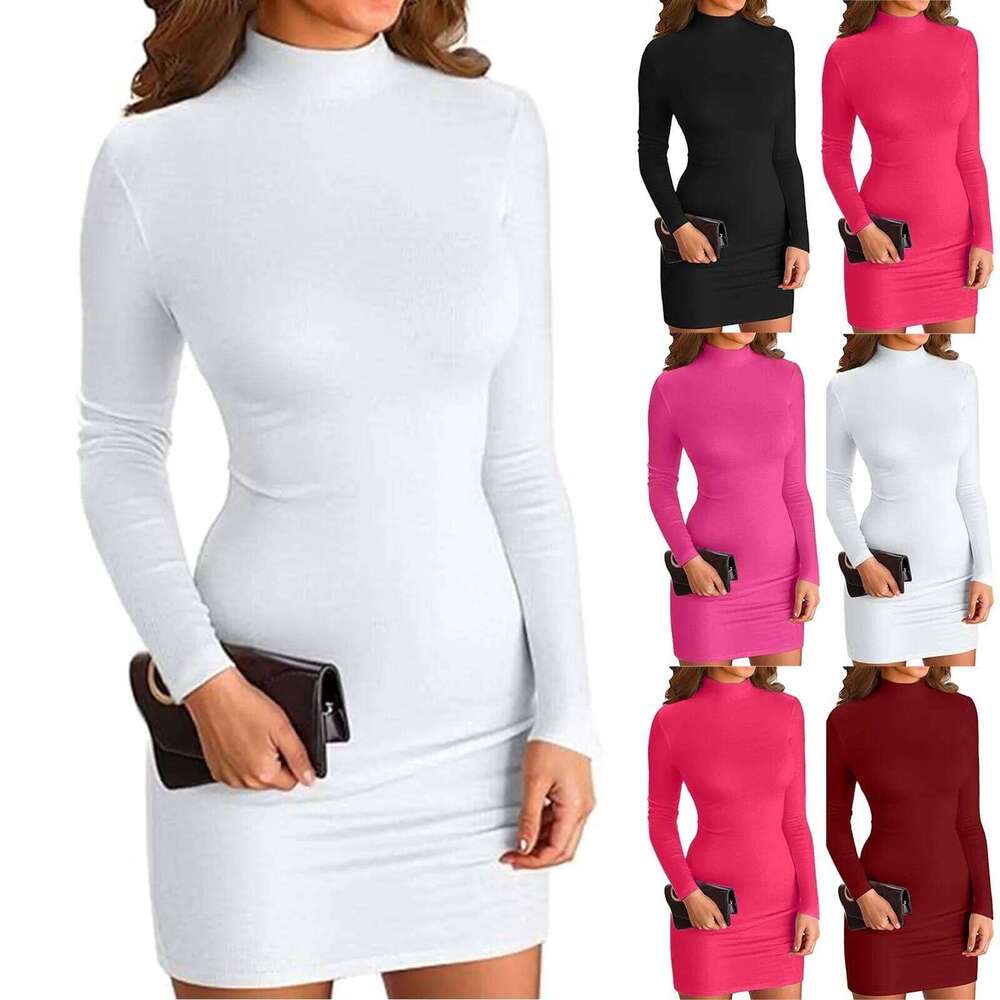 Sexy Bodycon Long Sleeve Mini Dress Stretchy Mock Neck Tight Dresses Fashion Solid Color Slim Fitting Clubwear Costume For Lady Z260314
