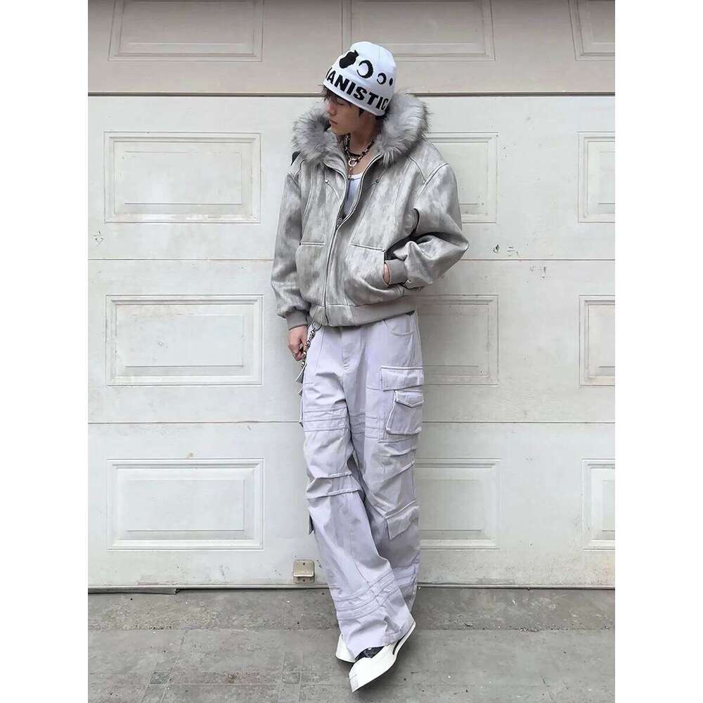 ReddaChic Faux Hooded Men's Bomber Jacket with Pockets Autumn Winter Full Zip Thicken Cotton Coat Fur Collar Outdoor Parkas Z260313