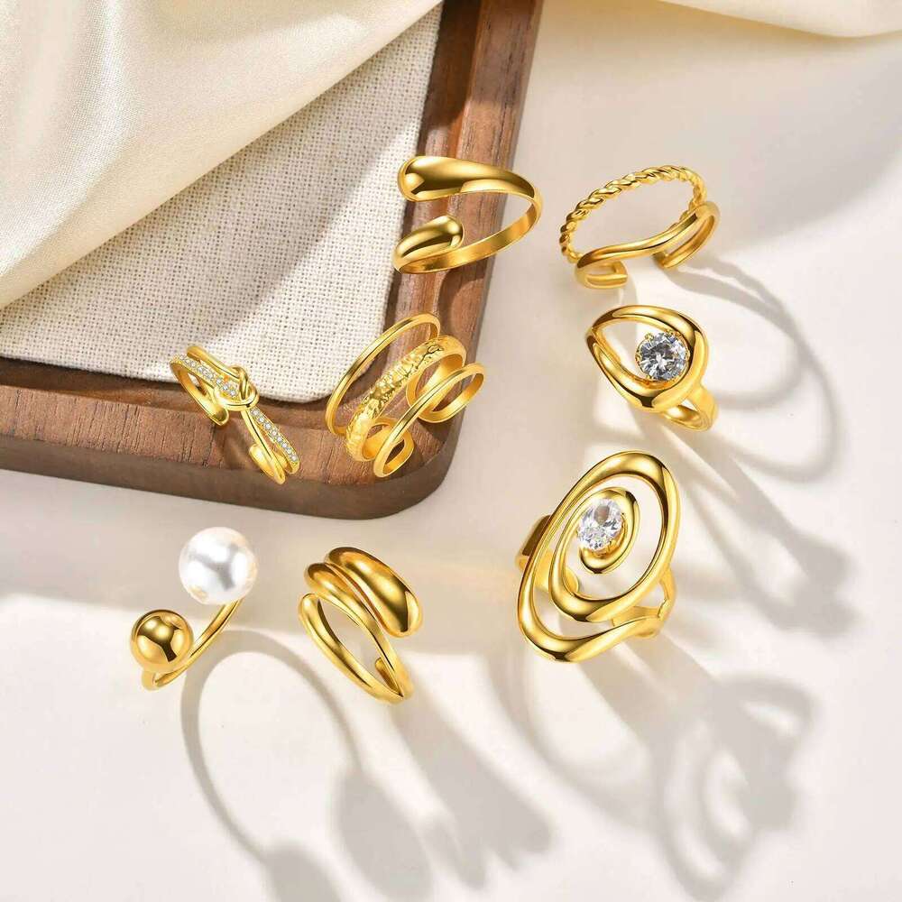 Fashion Stainless Steel Open Minimalist for Women, Unique Adjustable Geometric Stacking Ring Gold Plated Waterproof Jewelry H260312