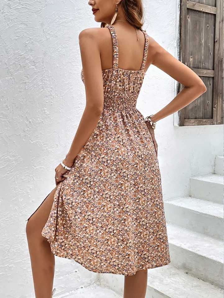 Midi Dress Spring Summer Women Beige Floral Print Halter Neck Shirred Waist High Slit Boho Casual Vacation Beach Date DressT260314