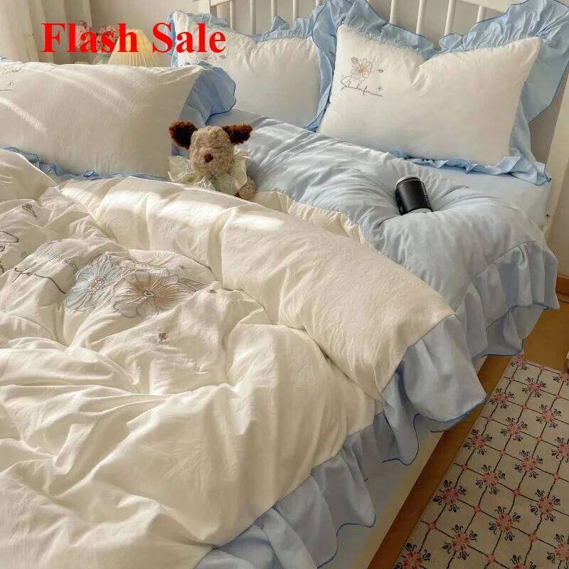 2025 new lace embroidery small fresh and cute girl heart four-piece set washed cotton summer sheet quilt cover bed hat H260312 - view 4