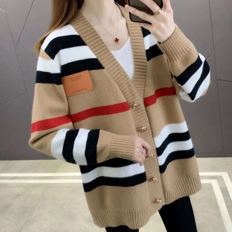 Striped Knitted Cardigan Jacket for Women's Spring Autumn New Vintage Loose and Gentle Sweater Korean Version Lazy Style Jac Z260313