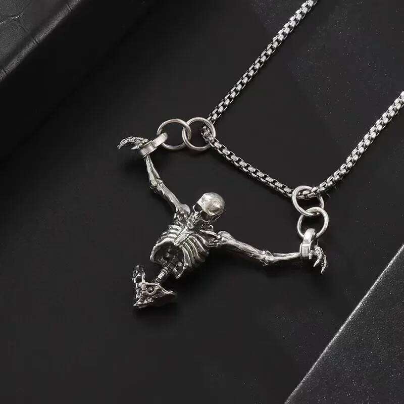 Creative Crucifixion Skull Pendant Men Necklace Punk HipHop Silver Color Half Body Skeleton Hanging Party Jewelry Gift Wholesale H260312