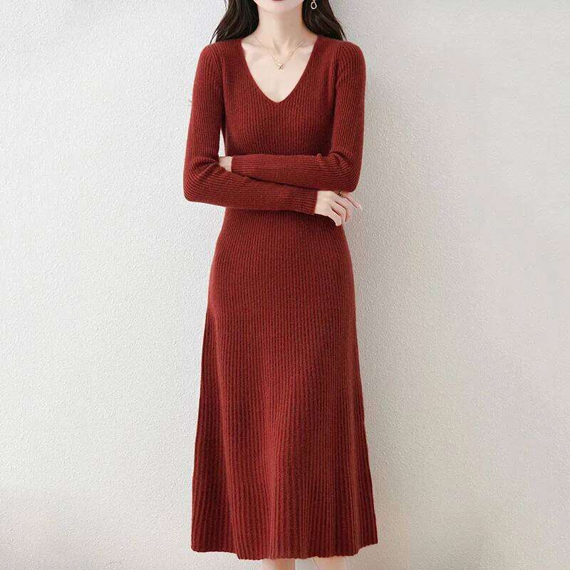 Solid Color Basic Sweater Dresses Women Casual All-Match V-Neck Sleeves Knitted Lady Soft Fit-Flare A-Line Long Dress Z260314