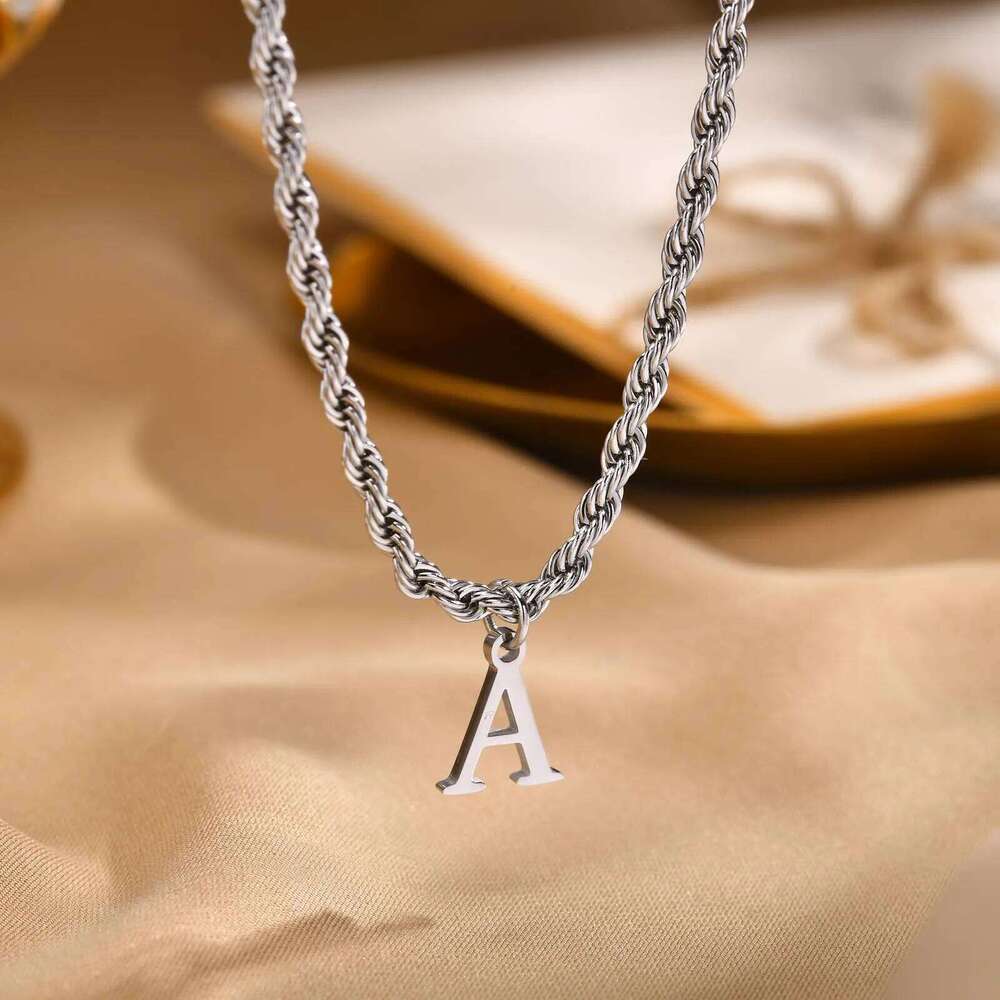 Initial Letters Necklaces for Men Boys,Stainless Steel A-Z 26 Alphabet Charm Pendant with 60CM/23.6" Twisted Rope Chain Gift H260312