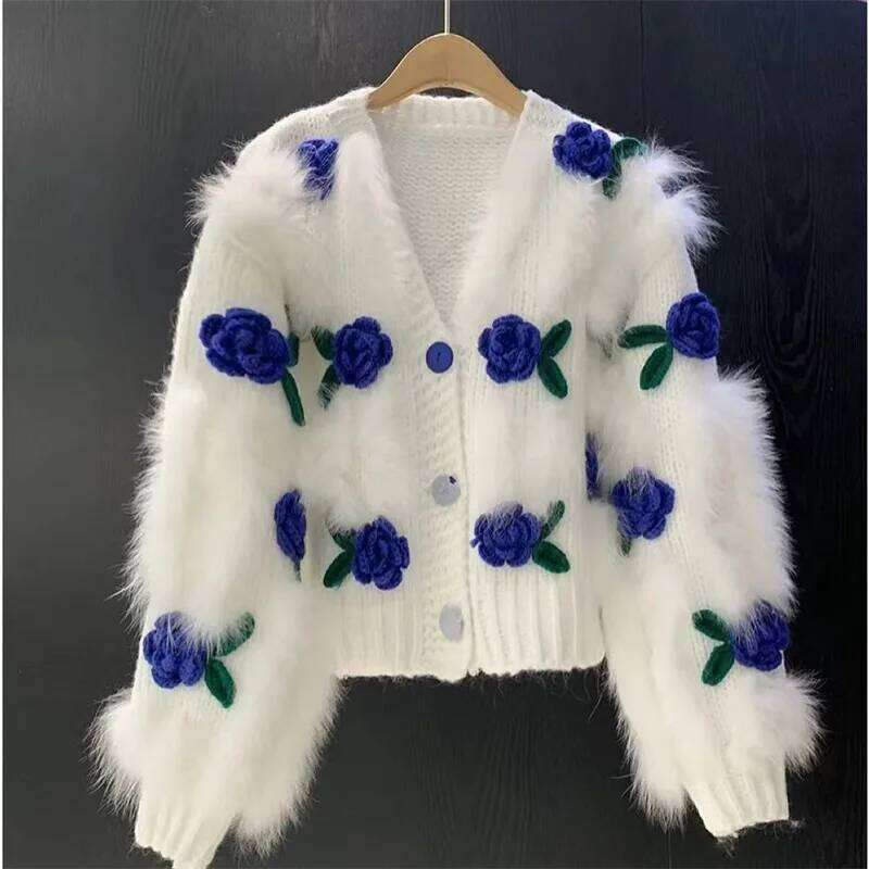 Women's New Sweet 3D Hook Flower Sweater 2025 Autumn Female loose Splicing Hairy Rose Blossoms Top Z260313