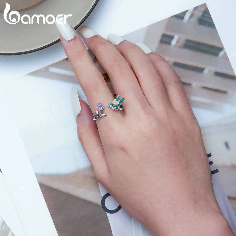 Bamoer Fashion 925 Sterling Silver Kingfisher Open for Women Eternity Band Lively Bird Ring Gift Fine Jewelry Party BSR286 H260312