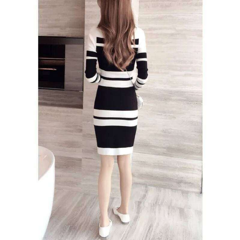 Autumn and Winter Mid-length Knitted Dress Slim Waist Striped Hip-hugging Pullover Sweater Bottoming Skirt for Women Z260314