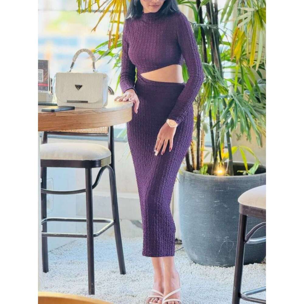 Elegant Textured Short Hollow Midi Women's Spring Solid Color Round Neck Long Sleeve Elastic Fit Dress Z260313