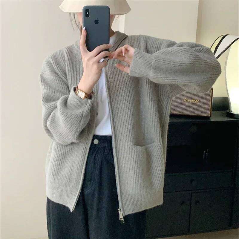 Women's Sweater Jacket Autumn Winter Retro Solid Color Double Zipper Knitted Cardigan Loose O Neck Oversized Sweaters for Women Z260314