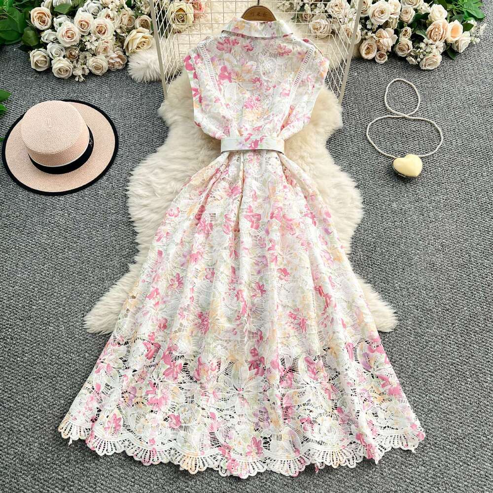 2026 designer's elegant and exquisite water-soluble lace printed women's lapel dress with a brand new single breasted button