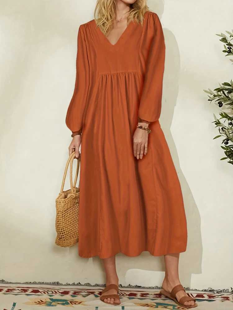 Spring/Summer New Arrivals Womens Cotton-Linen Blend Loose Bell-Sleeve Dress Casual Elegance for Everyday WearT260314
