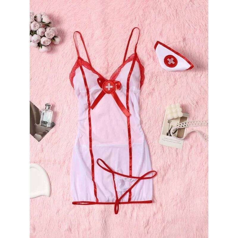 Lingerie Underwear Transparent Porno Lace Bra And Panty Garter Costumes Sexy Hot Erotic Nurse Set