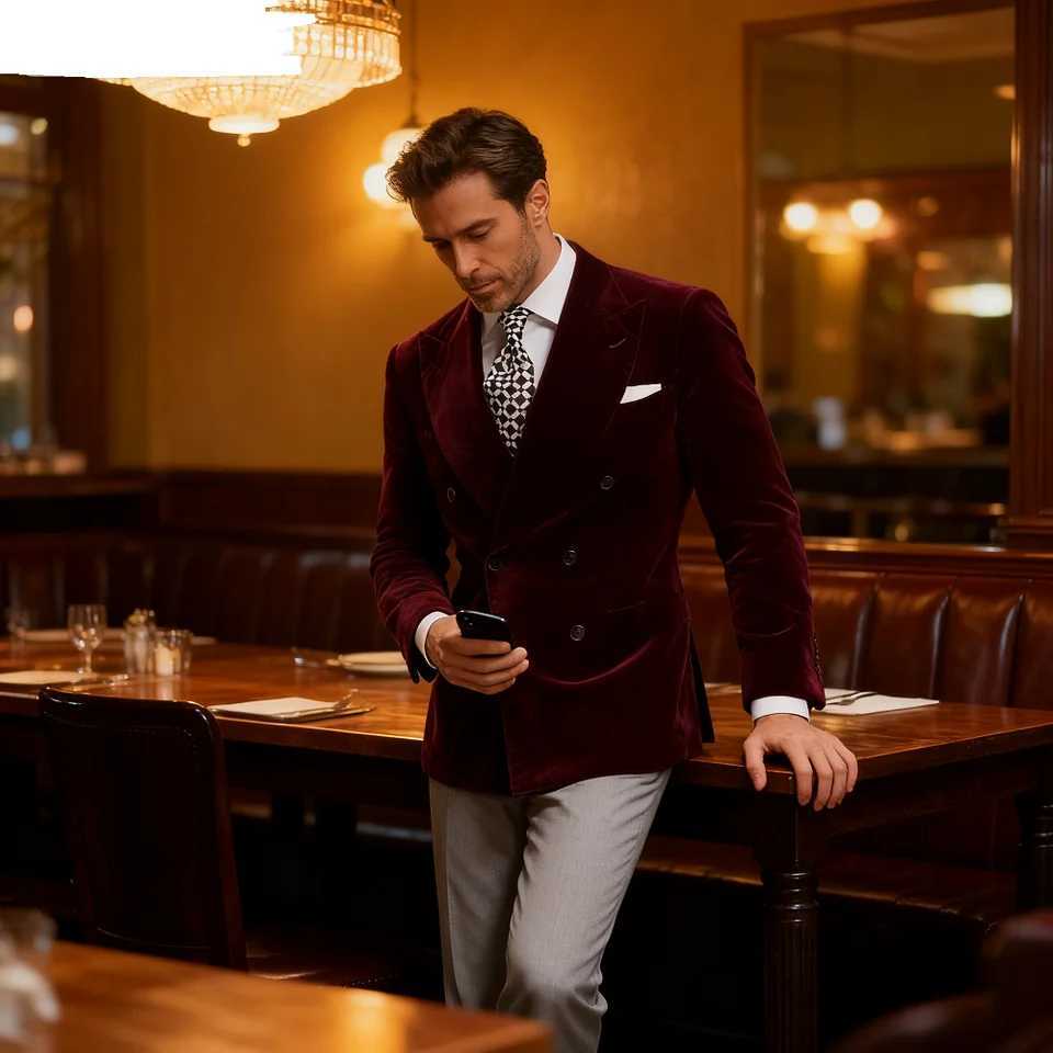 Mens Velvet Borgonha Blazer with Dinner Jacket Double Breasted Elegant Tuxedo Smoking Coat 2025 M260313