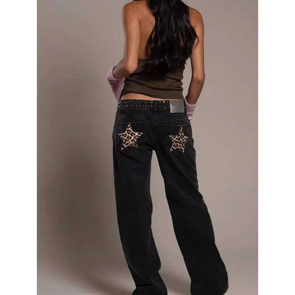 HOUZHOU Y2k Black Vintage Leopard Star Patchwork Women Jeans Punk Rivet American Style Straight Denim Trousers Baggy High Street Z260313