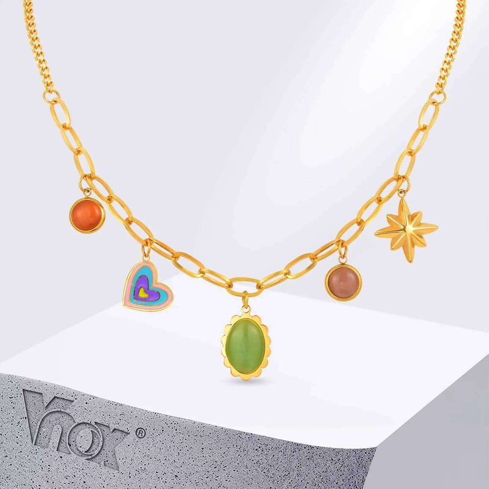 Vnox Stainless Steel Golden Multiple Pendants Necklace for Women New Fashion Style Neck Chain Trendy Jewelry Party Birthday Gift H260312