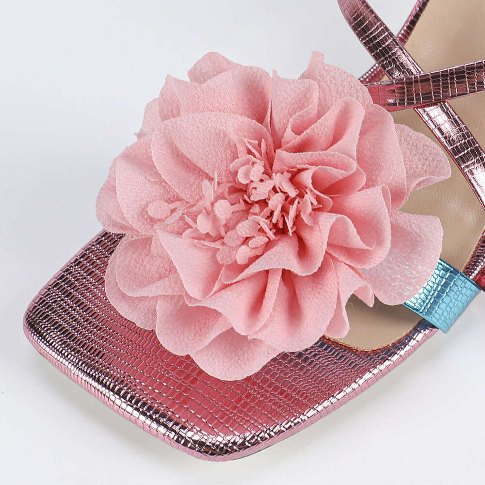 Square Toe Three-Dimensional Flower Lacquer Chunky Heel Sandals Women's Shoes Color Matching Elegant Pink High Heels