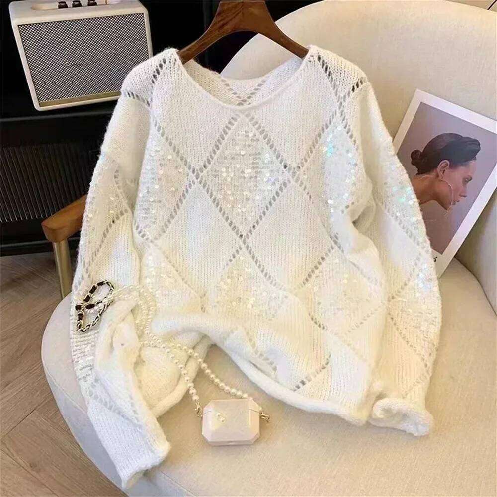 Sequined Hollow Out Pullover Female Casual Knitted All Match Thin Sweater Oversized Pullovers Tops Women Clothing Z260313